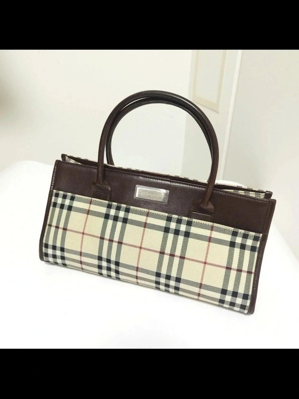 Burberry Plaid Top-Handle Satchel in Cream and Brown